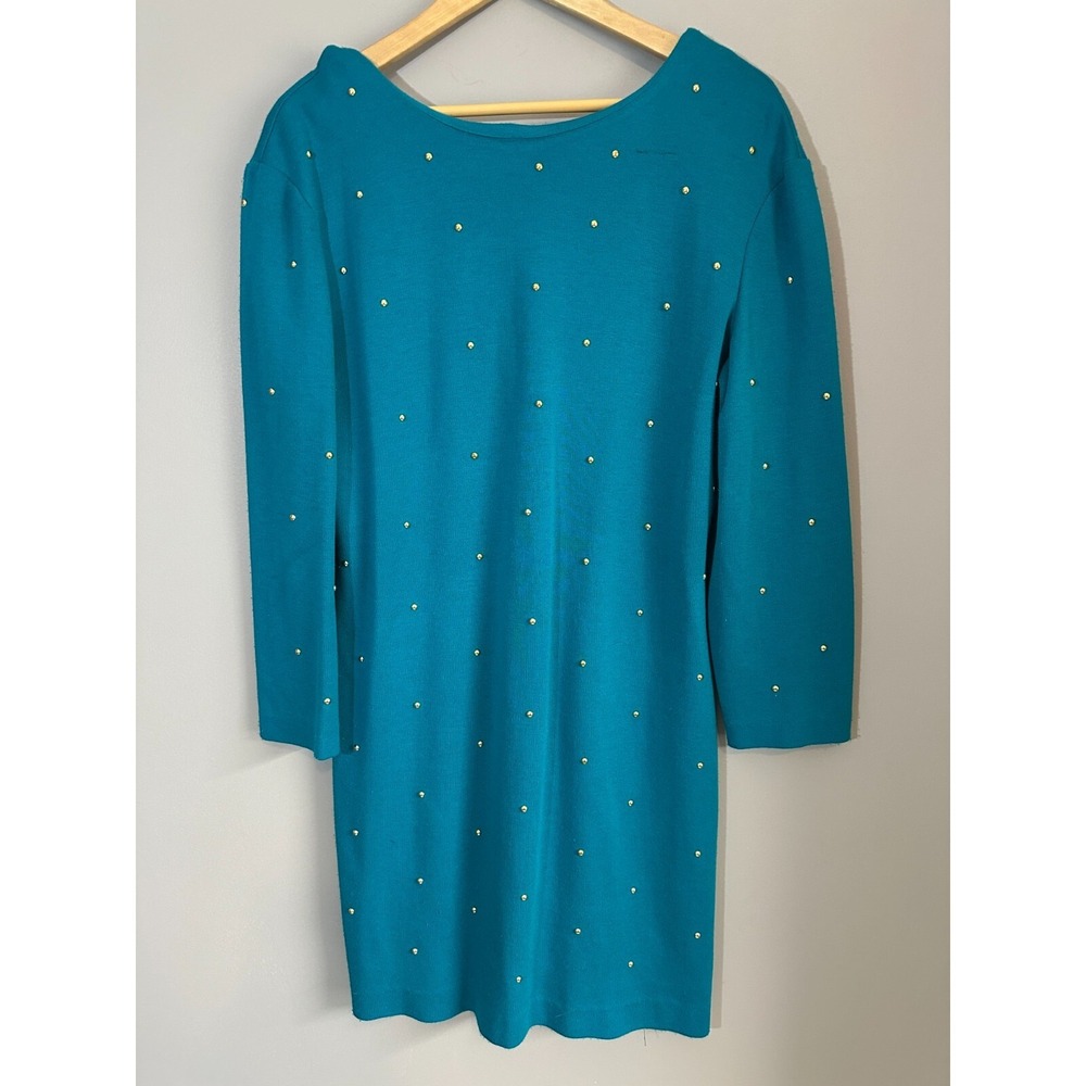 Vintage 80s Irresistible Sue Eng Sweater Dress Womens M/L Teal Knit Bead‎ Scoop